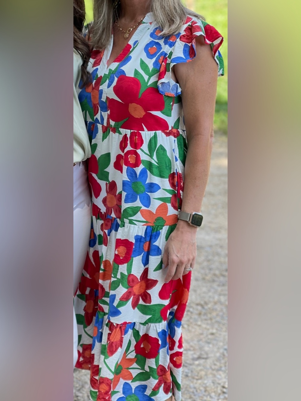 Entro White Floral Tiered Dress with Red, Blue & Green Bloom Print size small - Picture 4 of 4